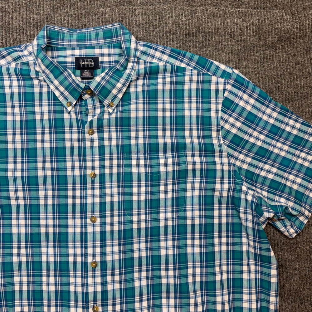 Harbor‎ Bay Plaid Button Down Shirt Mens 3XL Blue Green Short Sleeve Casual